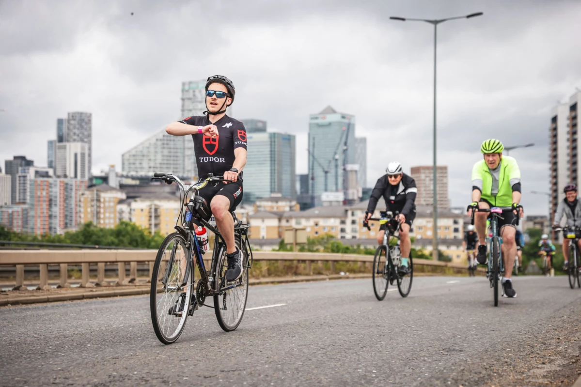 Rob taking part in Ride London as part of Team Tudor on behalf of Baker Brothers