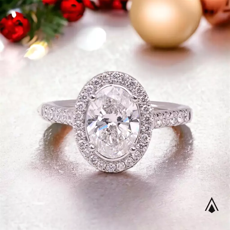 Oval cut diamond halo engagement ring under the Christmas tree