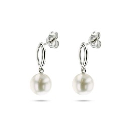 9ct White Gold Open Marquise & Freshwater Pearl Drop Design Earrings