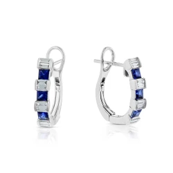 18ct White Gold 0.48ct Sapphire & Diamond Hoop Earrings Front and Angled View