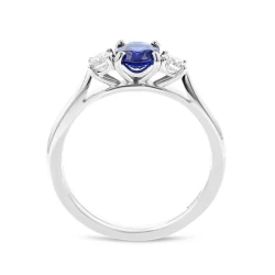 18ct White Gold Oval Sapphire & Brilliant Cut Diamond Three Stone Ring