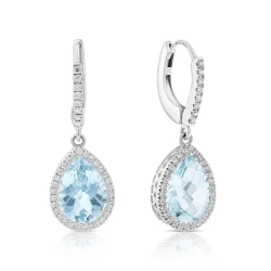 18ct White Gold Pear-Cut Aquamarine & Diamond Drop Hoop Earrings Front and Angled View