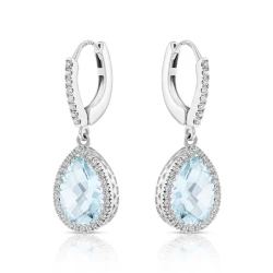 18ct White Gold Pear-Cut Aquamarine & Diamond Drop Hoop Earrings Side View