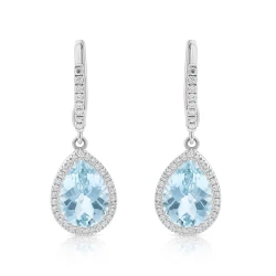 18ct White Gold Pear-Cut Aquamarine & Diamond Drop Hoop Earrings