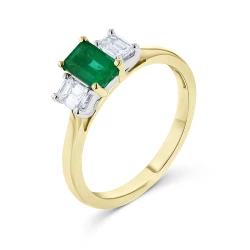 18ct Yellow & White Gold Emerald Cut Emerald & Diamond Three Stone Ring