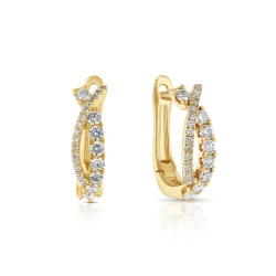 18ct Yellow Gold Cross-Over 0.41ct Diamond Hoop Earrings Front and Side View