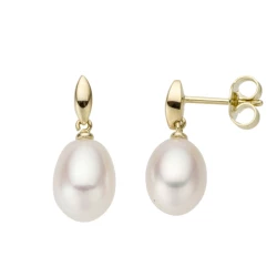 9 carat Yellow Gold Freshwater Pearl Drop Earrings Front and Side View