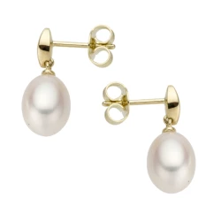 9 carat Yellow Gold Freshwater Pearl Drop Earrings side View