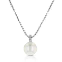 9ct White Gold Freshwater Pearl & Diamond Bar Pendant