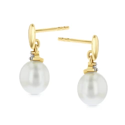 9ct Yellow Gold Freshwater Pearl & Diamond Drop Earrings