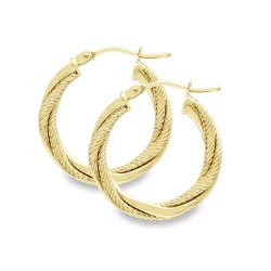 9ct Yellow Gold Rope & Plain Strand Hoop Earrings