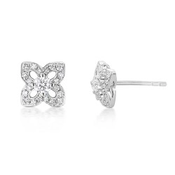 White Gold & Diamond Venetian Flower Earrings front and side view