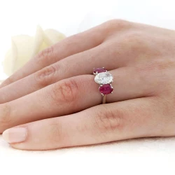 Florentina Oval 1.50ct Diamond & 1.79ct Ruby Trilogy Ring on Hand