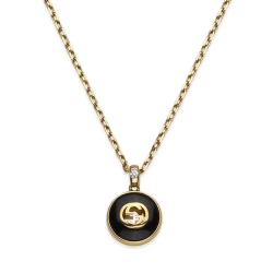 Gucci Interlocking Yellow Gold Onyx Necklace Pendant Close up