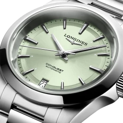 Longines Conquest 34mm Light Green Dial Close Up