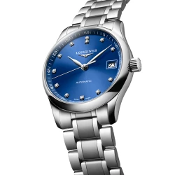 Longines Master 34mm blue diamond dot dial angled