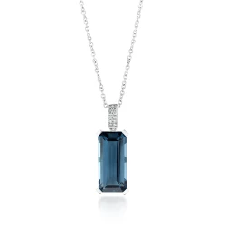 Octagonal London Blue Topaz & Diamond Pendant Necklace Close Up