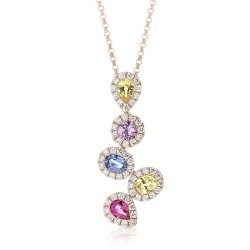 18ct Rose Gold Multi Coloured Sapphire & Diamond Shapes Cluster Pendant