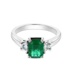 Platinum 1.53ct Emerald & Trapeze Diamond Trilogy Ring Flat