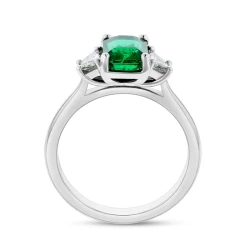 Platinum 1.53ct Emerald & Trapeze Diamond Trilogy Ring Upright