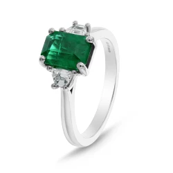 Platinum 1.53ct Emerald & Trapeze Diamond Trilogy Ring