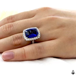 Platinum Cushion 3.30ct Sapphire & Diamond Cluster Ring on Hand