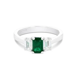 Platinum Octagonal 0.69ct Emerald and Diamond Three Stone Ring flat front