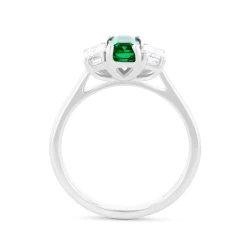 Platinum Octagonal 0.69ct Emerald and Diamond Three Stone Ring upright