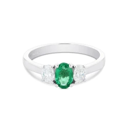 Platinum Oval Emerald and Diamond Three Stone Ring Front View