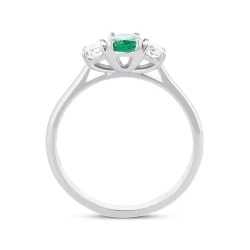 Platinum Oval Emerald and Diamond Three Stone Ring Upright View