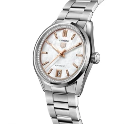 TAG Heuer Carrera Date 36mm Mother-of-Pearl Diamond Bezel Watch angled