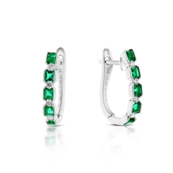 White Gold 0.56ct Emerald & Diamond Hoop Earrings Front and Angled view