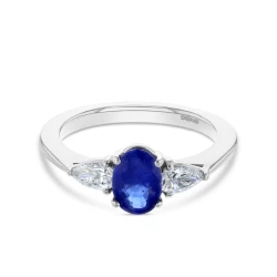 White Gold 1.16ct Oval Sapphire & Diamond Trilogy Ring Flat