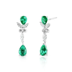 White Gold 1.22ct Emerald and Diamond Butterfly Drop Earrings Front and Angle view