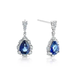 White Gold 2.49ct Sapphire & Diamond Drop Earrings Front and Angled View