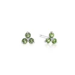 White Gold Triangle Peridot & Diamond Stud Earrings front and side view