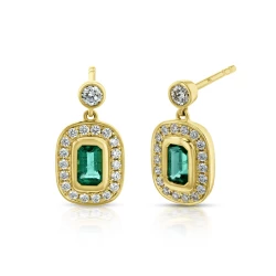 Yellow Gold 0.56ct Emerald & Diamond Drop Earrings Straight and Angled