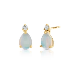 Yellow Gold 1.40ct Pear Opal and Diamond Earrings front and side view