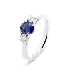 18ct White Gold Oval Sapphire & Brilliant Cut Diamond Three Stone Ring