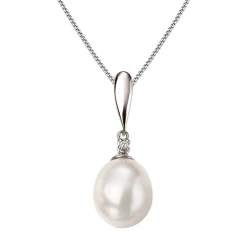 9ct White Gold Freshwater Pearl & Diamond Pendant Necklace