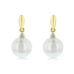 9ct Yellow Gold Freshwater Pearl & Diamond Drop Earrings